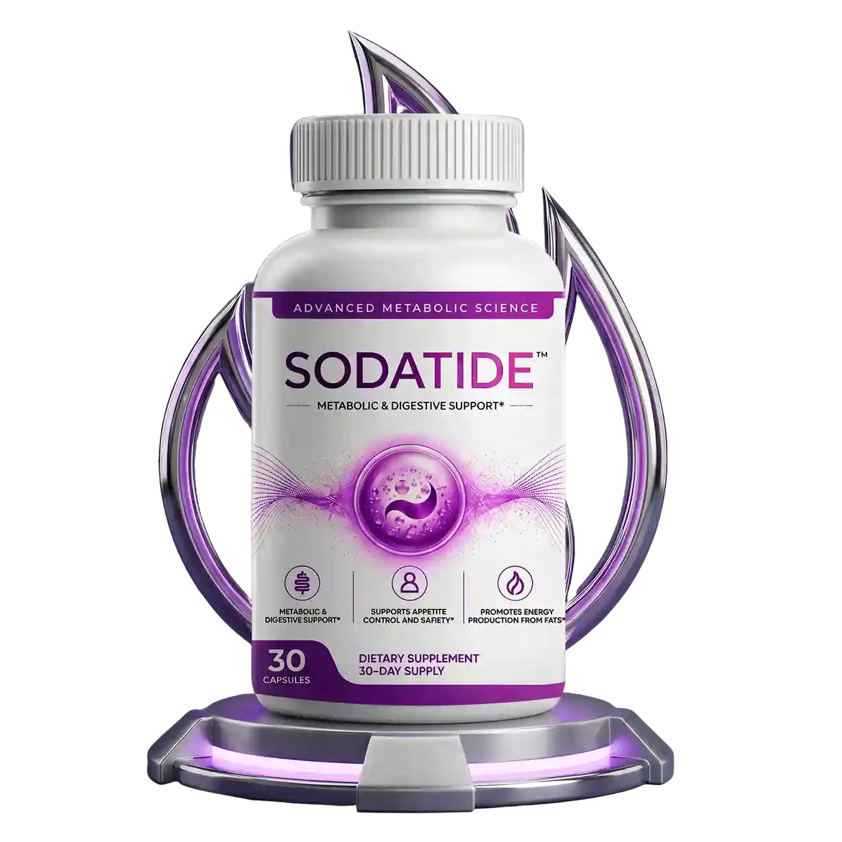 Sodatide Advanced Metabolic Science supplement bottle on purple orbital stand — 30 capsules for metabolic support, appetite control and digestive wellness
